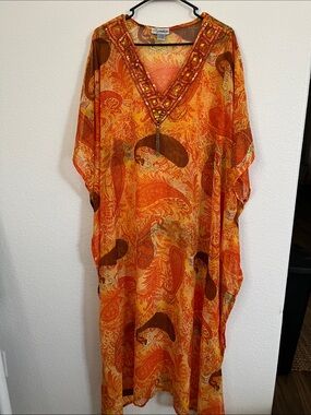 Signature Orange Paisley Beaded V-Neck Maxi Caftan